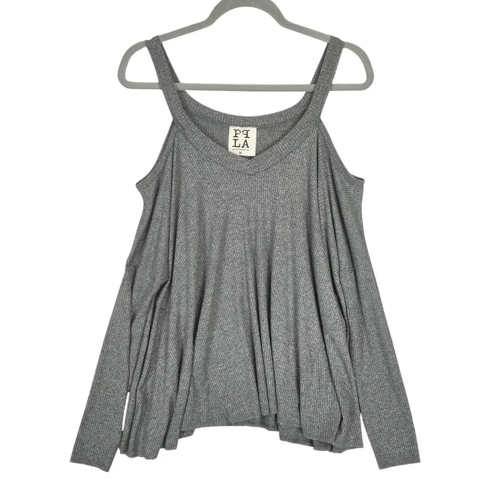 PPLA Gray Cold Shoulder Long Sleeve Top M Oversize Light Rib Knit Neutral Basic